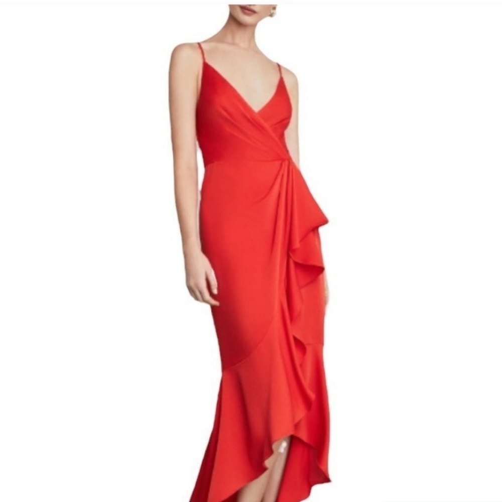 BCBGMAXAZRIA Sleeveless Faux Wrap Ruffle Asymmetrical High Low Maxi Dress Red